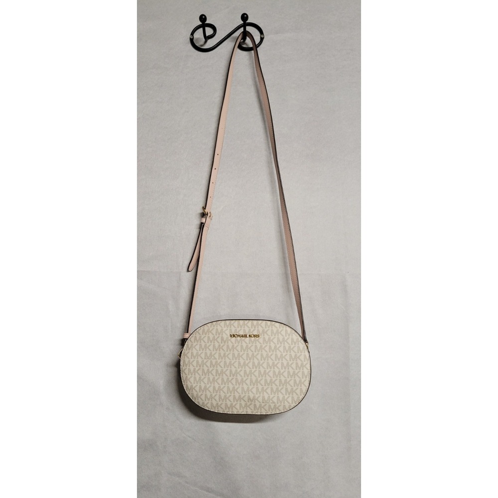 Tan Monogram With Pink Trim Michael Kors Small Crossbody Bag